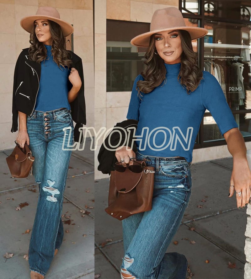 LIYOHON Womens Tops Dressy Casual Mock Turtleneck Business Short Sleeve T Shirts Going Out Tops 2025 Blue-M - Image 2